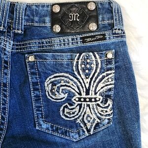 Miss Me Rhinestone Bling Embellished Mid Rise Medium Wash Cut Off Jean Shorts 30